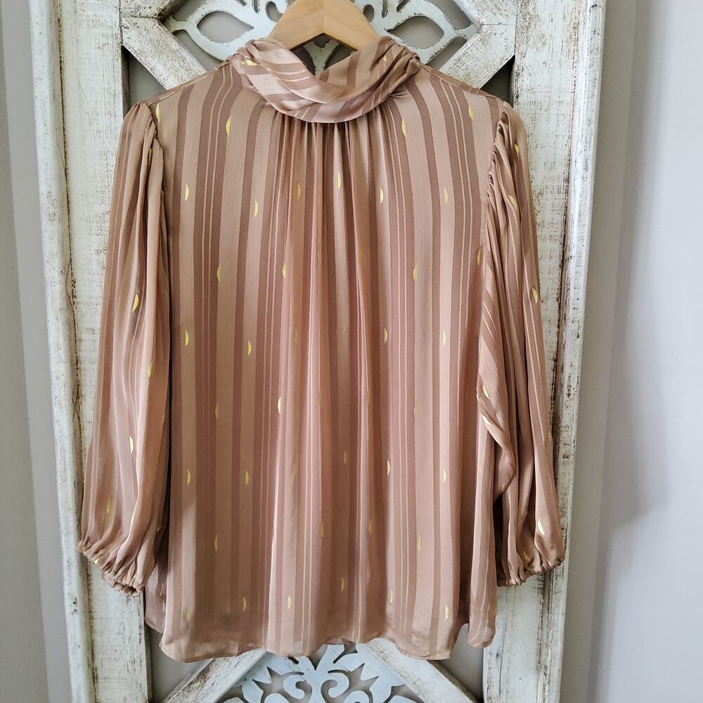 Zac & Rachel 3/4 Sleeve Mock High Neck Chiffon Blouse Gold Foil Shadow Stripe - Picture 8 of 10